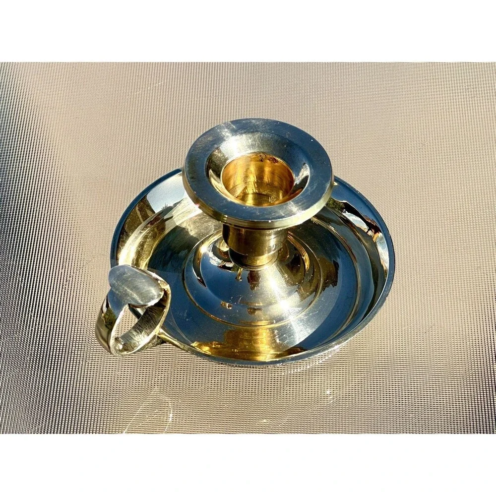 Solid Brass Chamberstick Candle Holder Finger Loop Drip Pan Made In India